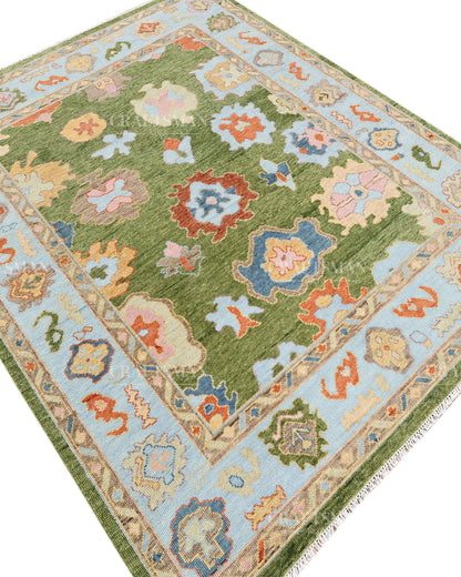 Hand Knotted Oushak Rug – Olive Green & Sky Blue Wool Area Rug | Vintage Turkish Inspired Handmade Floral Carpet