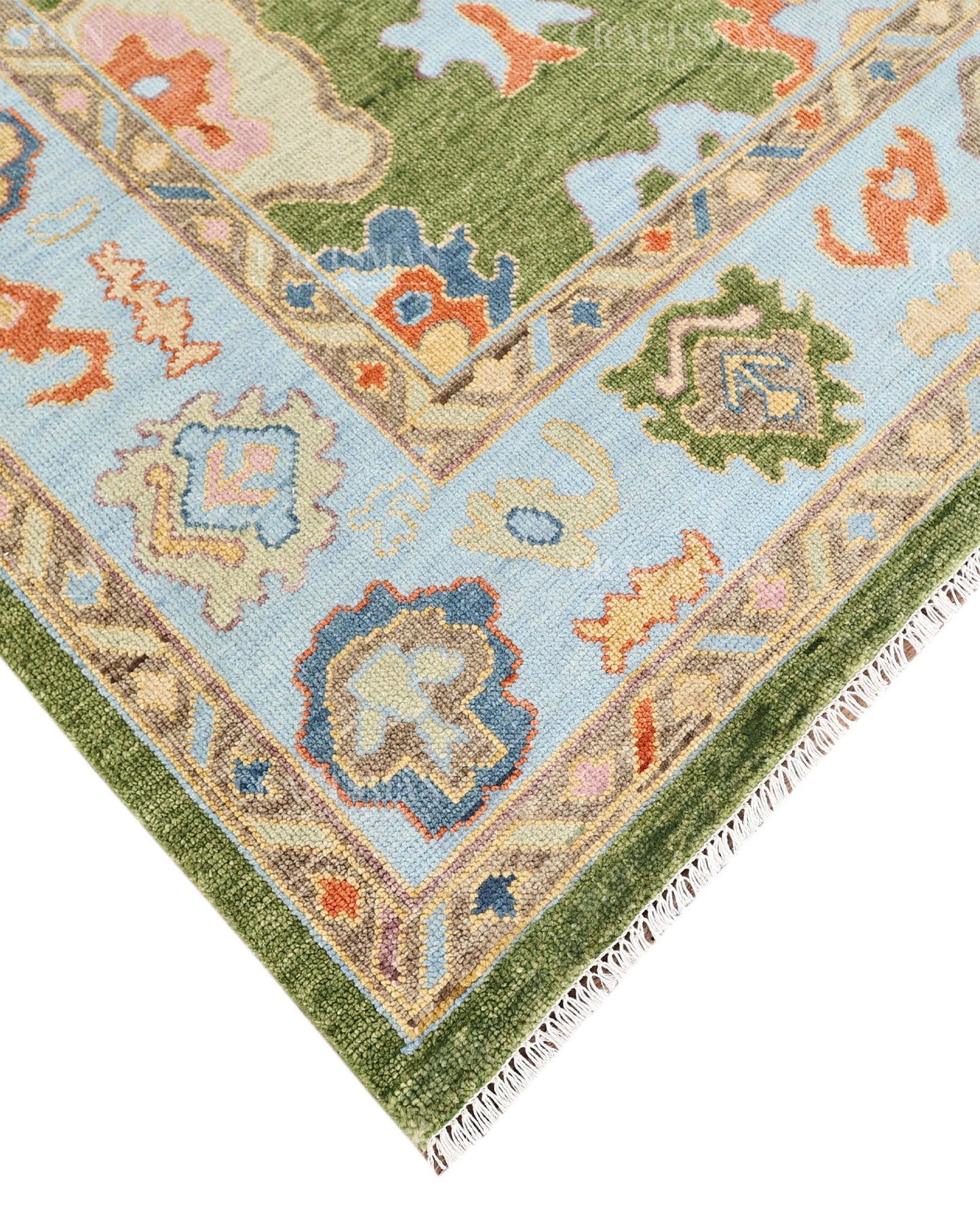 Hand Knotted Oushak Rug – Olive Green & Sky Blue Wool Area Rug | Vintage Turkish Inspired Handmade Floral Carpet