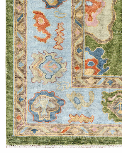Hand Knotted Oushak Rug – Olive Green & Sky Blue Wool Area Rug | Vintage Turkish Inspired Handmade Floral Carpet