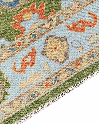Hand Knotted Oushak Rug – Olive Green & Sky Blue Wool Area Rug | Vintage Turkish Inspired Handmade Floral Carpet