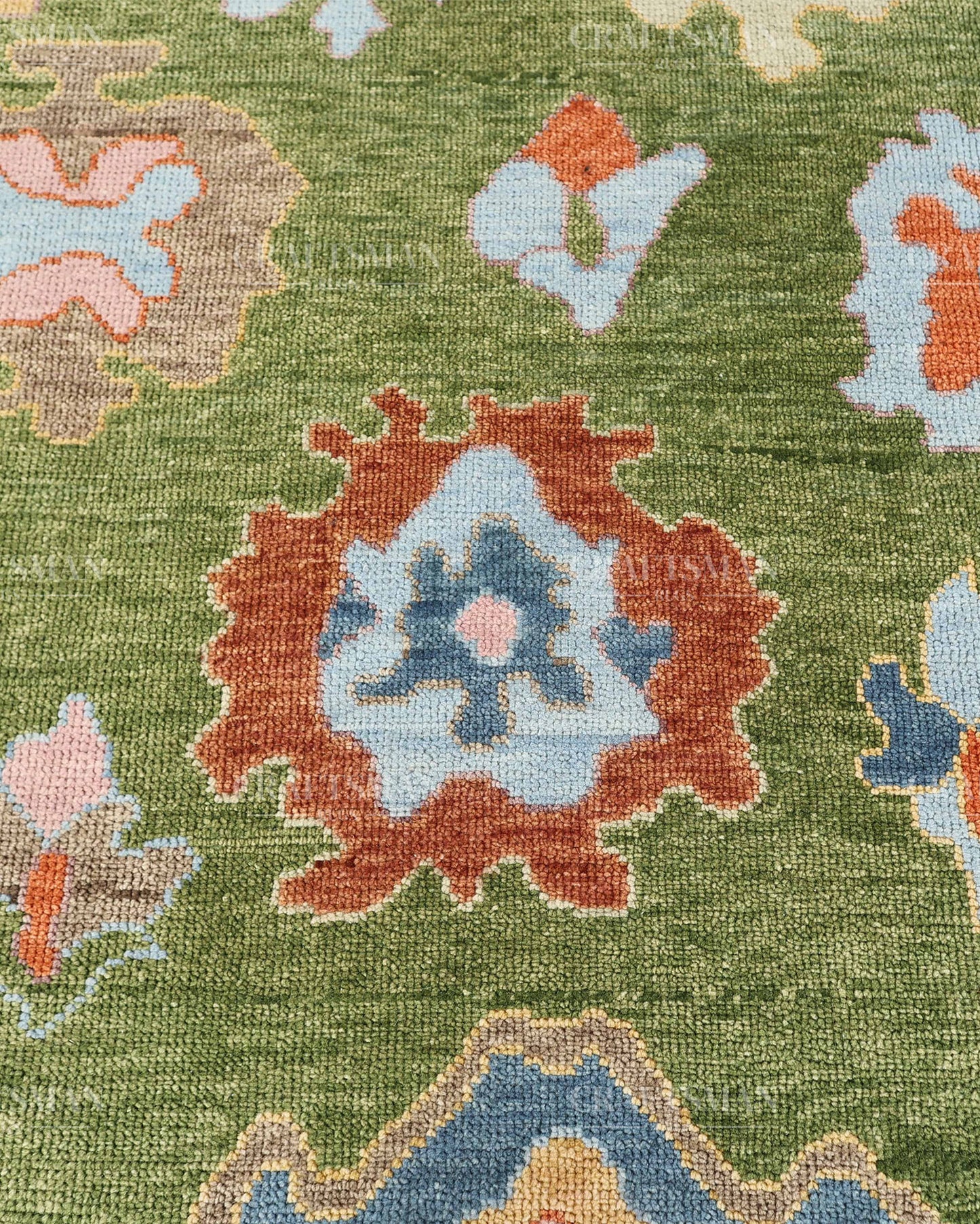 Hand Knotted Oushak Rug – Olive Green & Sky Blue Wool Area Rug | Vintage Turkish Inspired Handmade Floral Carpet