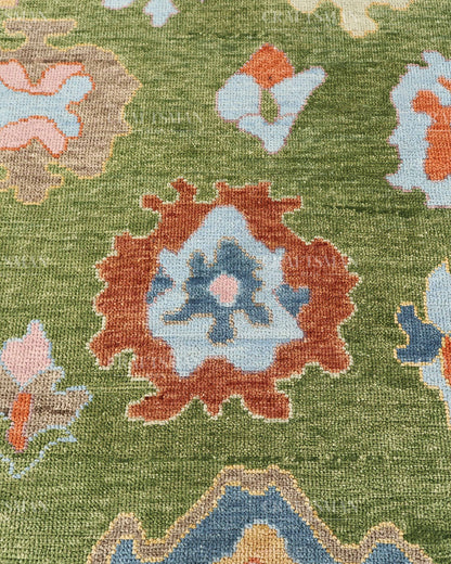 Hand Knotted Oushak Rug – Olive Green & Sky Blue Wool Area Rug | Vintage Turkish Inspired Handmade Floral Carpet