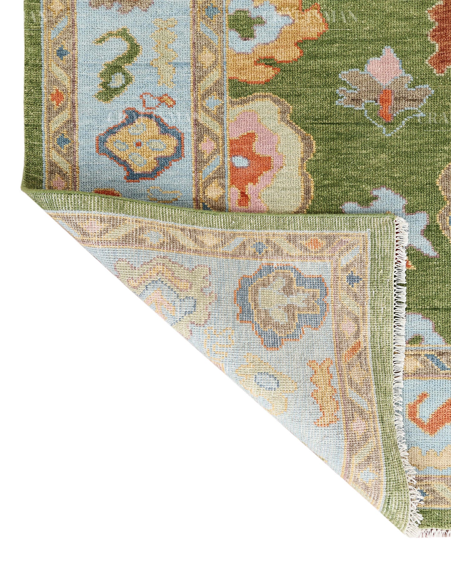 Hand Knotted Oushak Rug – Olive Green & Sky Blue Wool Area Rug | Vintage Turkish Inspired Handmade Floral Carpet