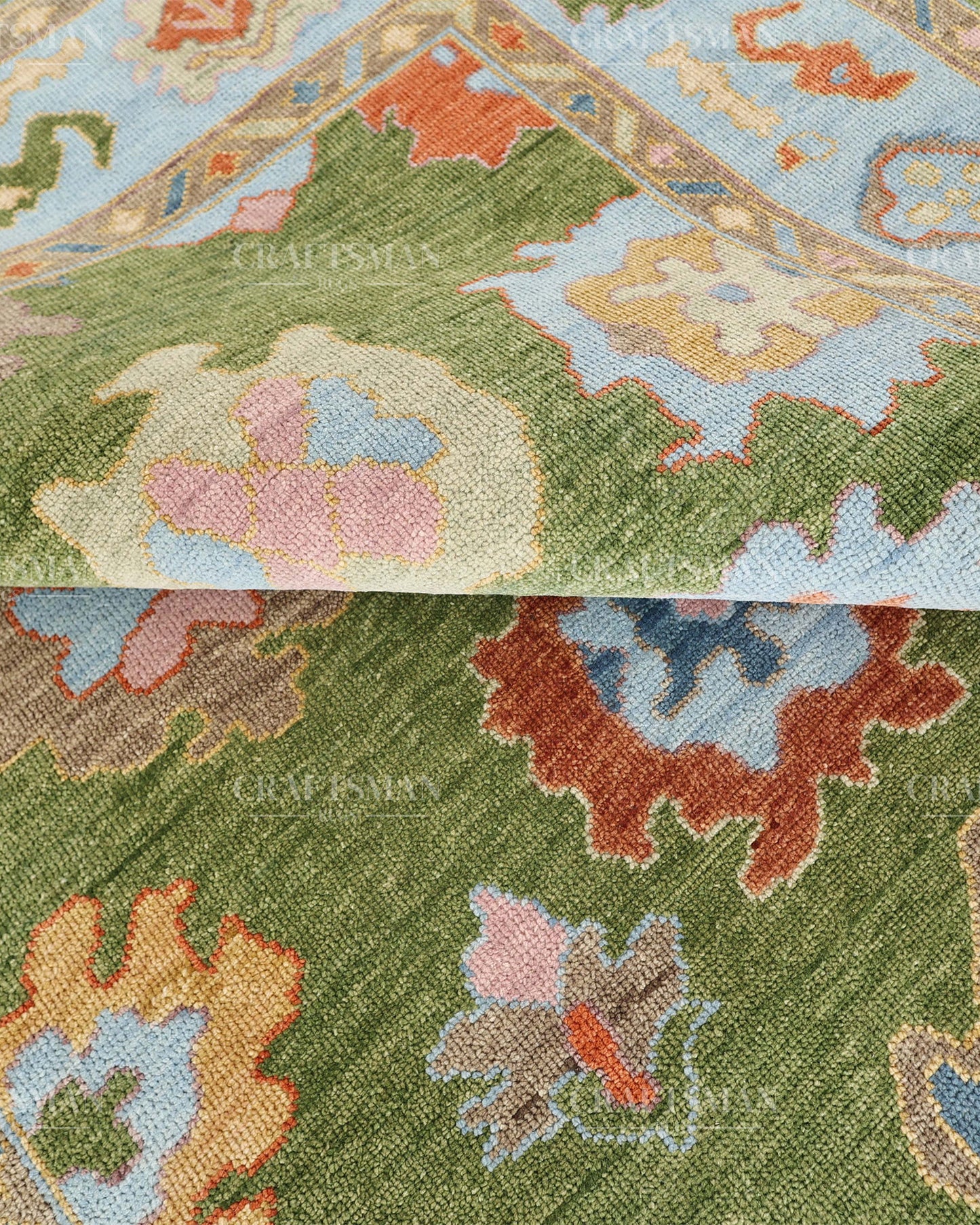 Hand Knotted Oushak Rug – Olive Green & Sky Blue Wool Area Rug | Vintage Turkish Inspired Handmade Floral Carpet