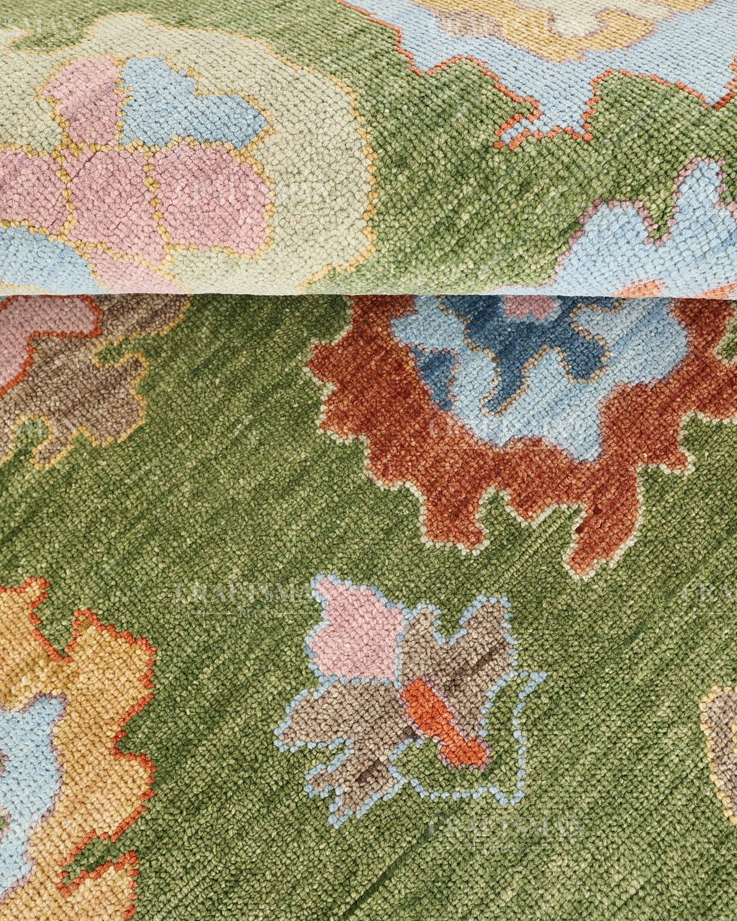 Hand Knotted Oushak Rug – Olive Green & Sky Blue Wool Area Rug | Vintage Turkish Inspired Handmade Floral Carpet