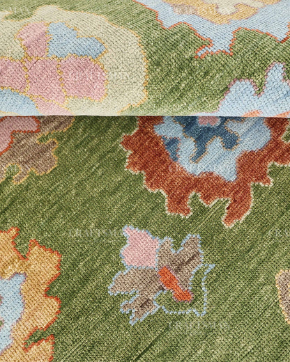 Hand Knotted Oushak Rug – Olive Green & Sky Blue Wool Area Rug | Vintage Turkish Inspired Handmade Floral Carpet