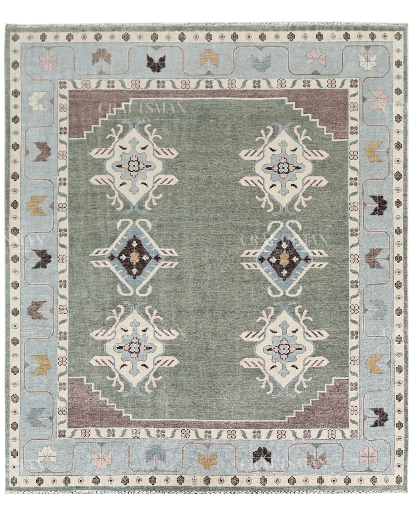 Hand Knotted Southwestern Wool Rug – Sage Green & Sky Blue Geometric Area Rug | Handmade Tribal Navajo Style Carpet