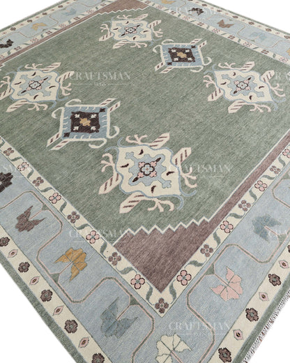 Hand Knotted Southwestern Wool Rug – Sage Green & Sky Blue Geometric Area Rug | Handmade Tribal Navajo Style Carpet
