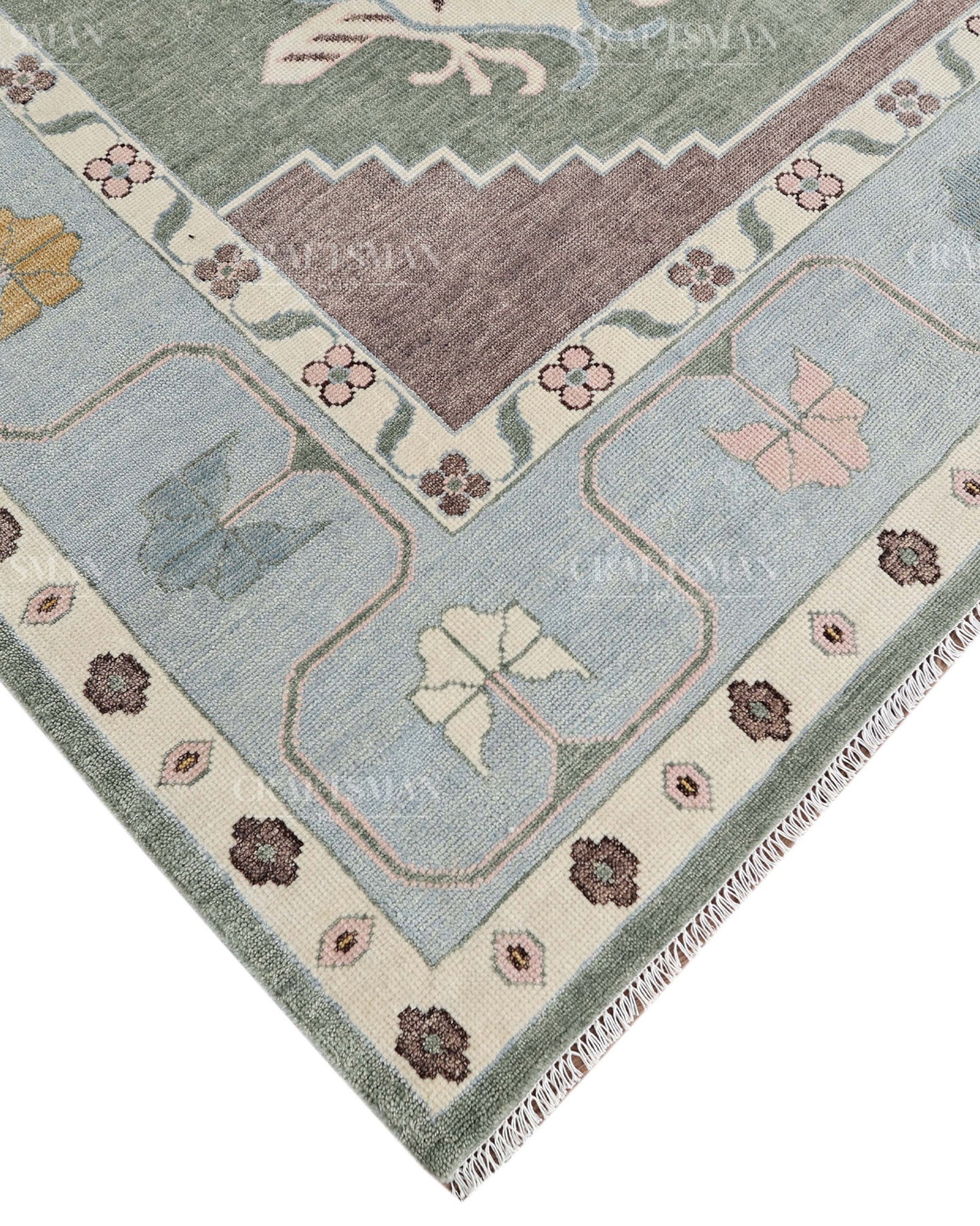 Hand Knotted Southwestern Wool Rug – Sage Green & Sky Blue Geometric Area Rug | Handmade Tribal Navajo Style Carpet