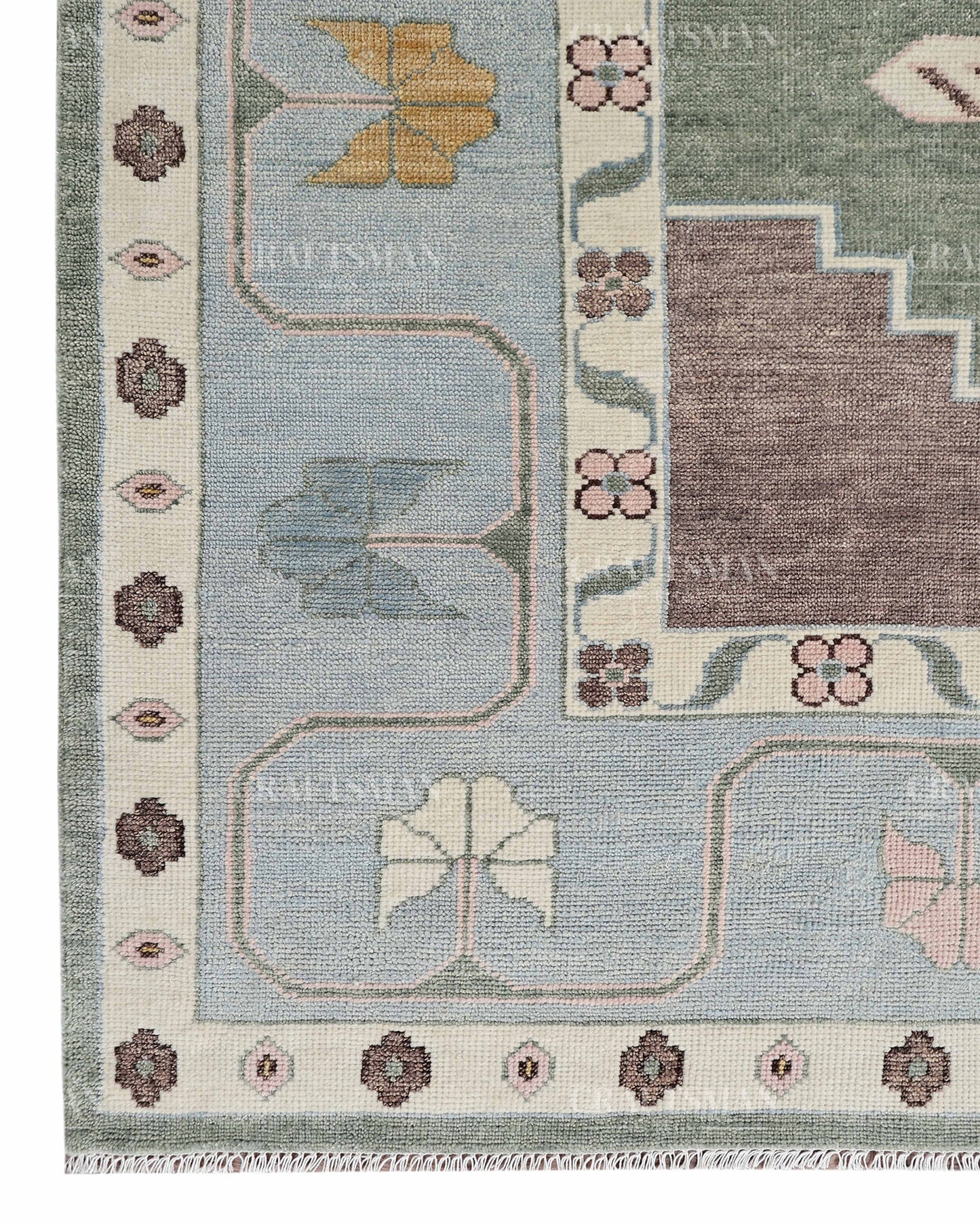 Hand Knotted Southwestern Wool Rug – Sage Green & Sky Blue Geometric Area Rug | Handmade Tribal Navajo Style Carpet