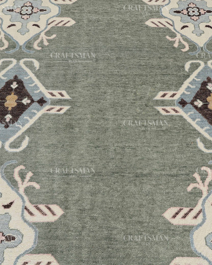 Hand Knotted Southwestern Wool Rug – Sage Green & Sky Blue Geometric Area Rug | Handmade Tribal Navajo Style Carpet