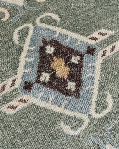 Hand Knotted Southwestern Wool Rug – Sage Green & Sky Blue Geometric Area Rug | Handmade Tribal Navajo Style Carpet