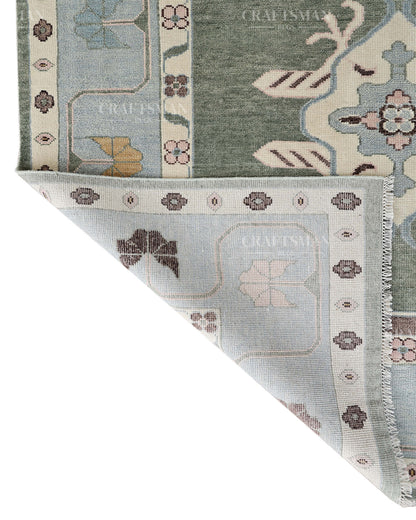 Hand Knotted Southwestern Wool Rug – Sage Green & Sky Blue Geometric Area Rug | Handmade Tribal Navajo Style Carpet