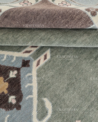 Hand Knotted Southwestern Wool Rug – Sage Green & Sky Blue Geometric Area Rug | Handmade Tribal Navajo Style Carpet