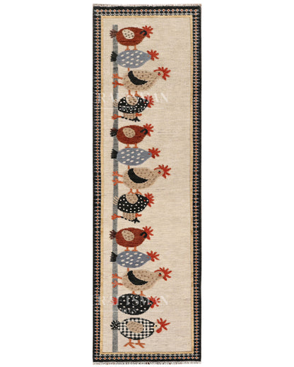 Hand Knotted Wool Chicken Pattern Rug Runner | Farmhouse Rustic Artisan Carpet with Geometric Border | Handmade Hallway Runner Rug