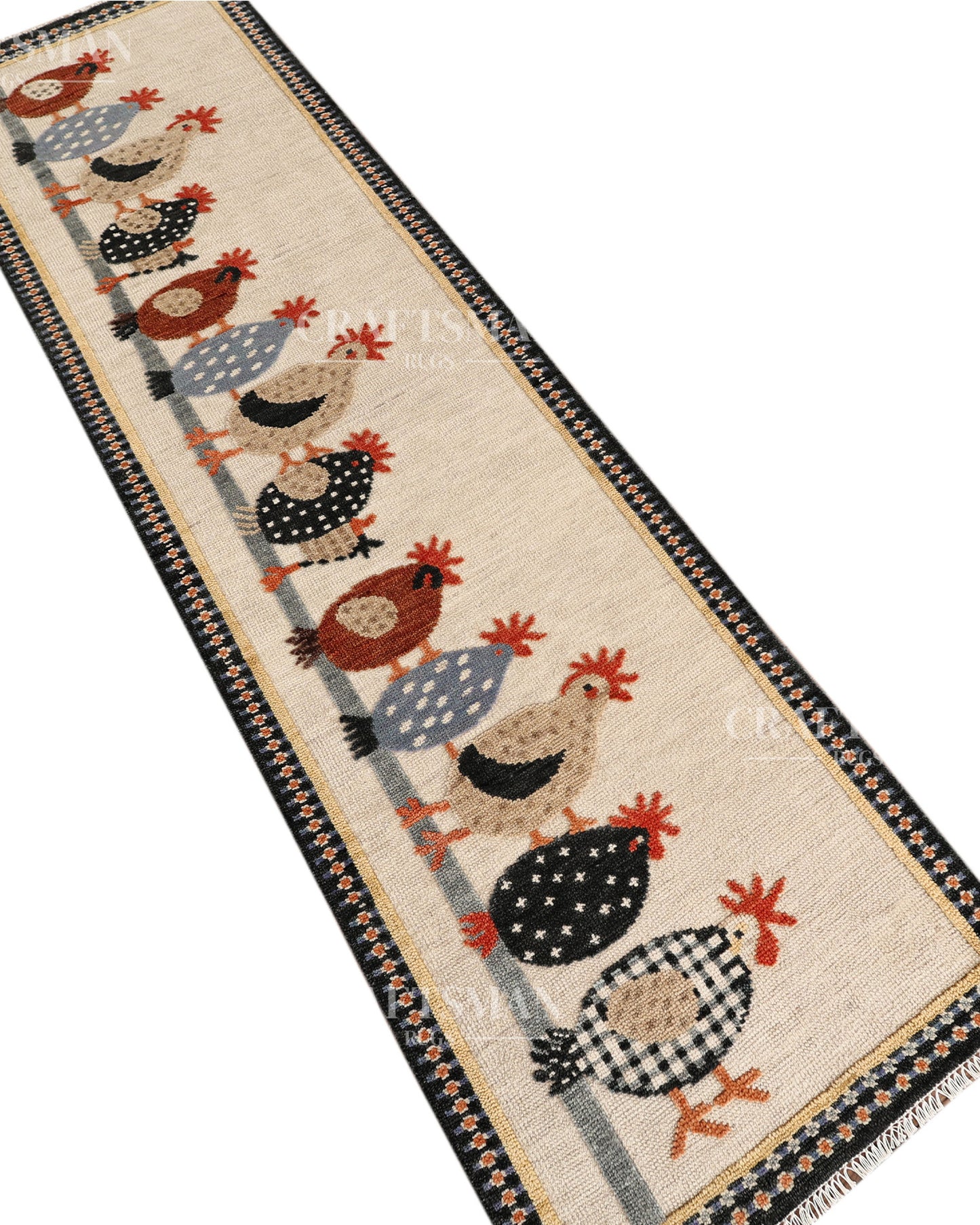 Hand Knotted Wool Chicken Pattern Rug Runner | Farmhouse Rustic Artisan Carpet with Geometric Border | Handmade Hallway Runner Rug