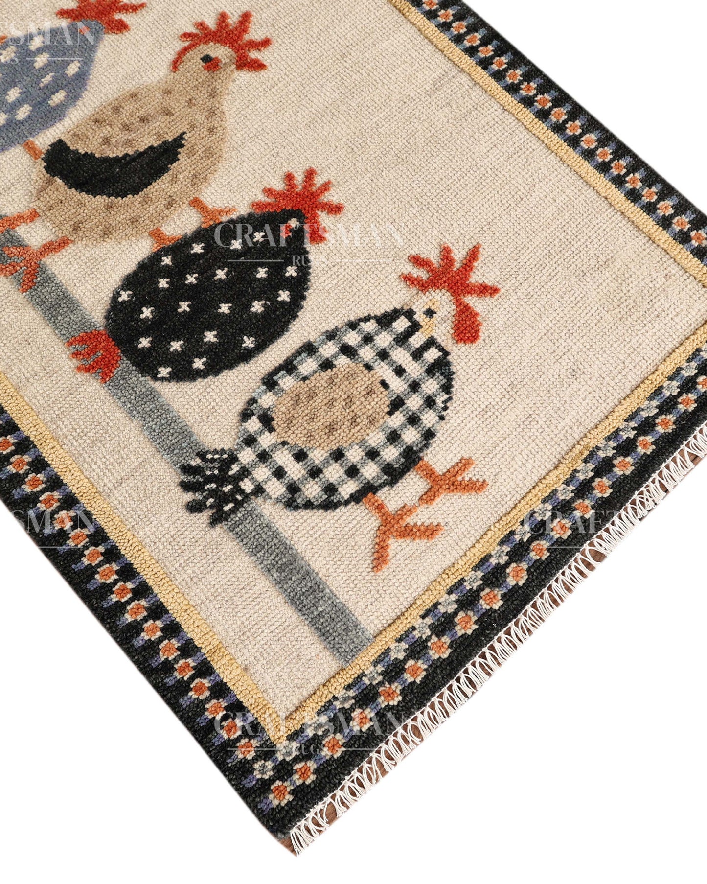 Hand Knotted Wool Chicken Pattern Rug Runner | Farmhouse Rustic Artisan Carpet with Geometric Border | Handmade Hallway Runner Rug