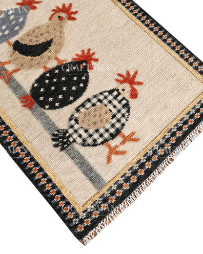 Hand Knotted Wool Chicken Pattern Rug Runner | Farmhouse Rustic Artisan Carpet with Geometric Border | Handmade Hallway Runner Rug