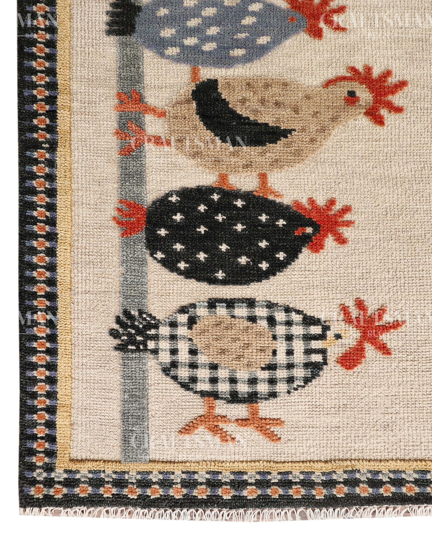 Hand Knotted Wool Chicken Pattern Rug Runner | Farmhouse Rustic Artisan Carpet with Geometric Border | Handmade Hallway Runner Rug