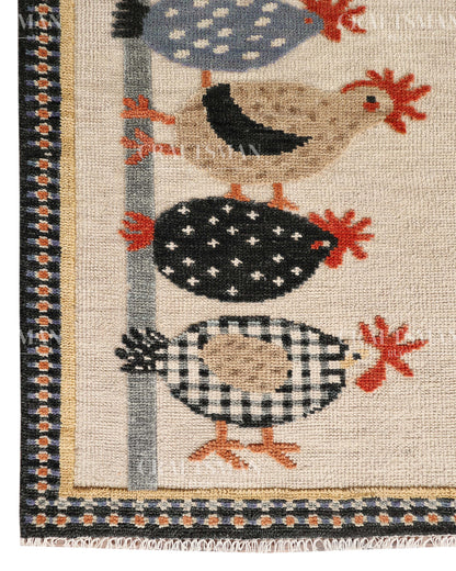 Hand Knotted Wool Chicken Pattern Rug Runner | Farmhouse Rustic Artisan Carpet with Geometric Border | Handmade Hallway Runner Rug