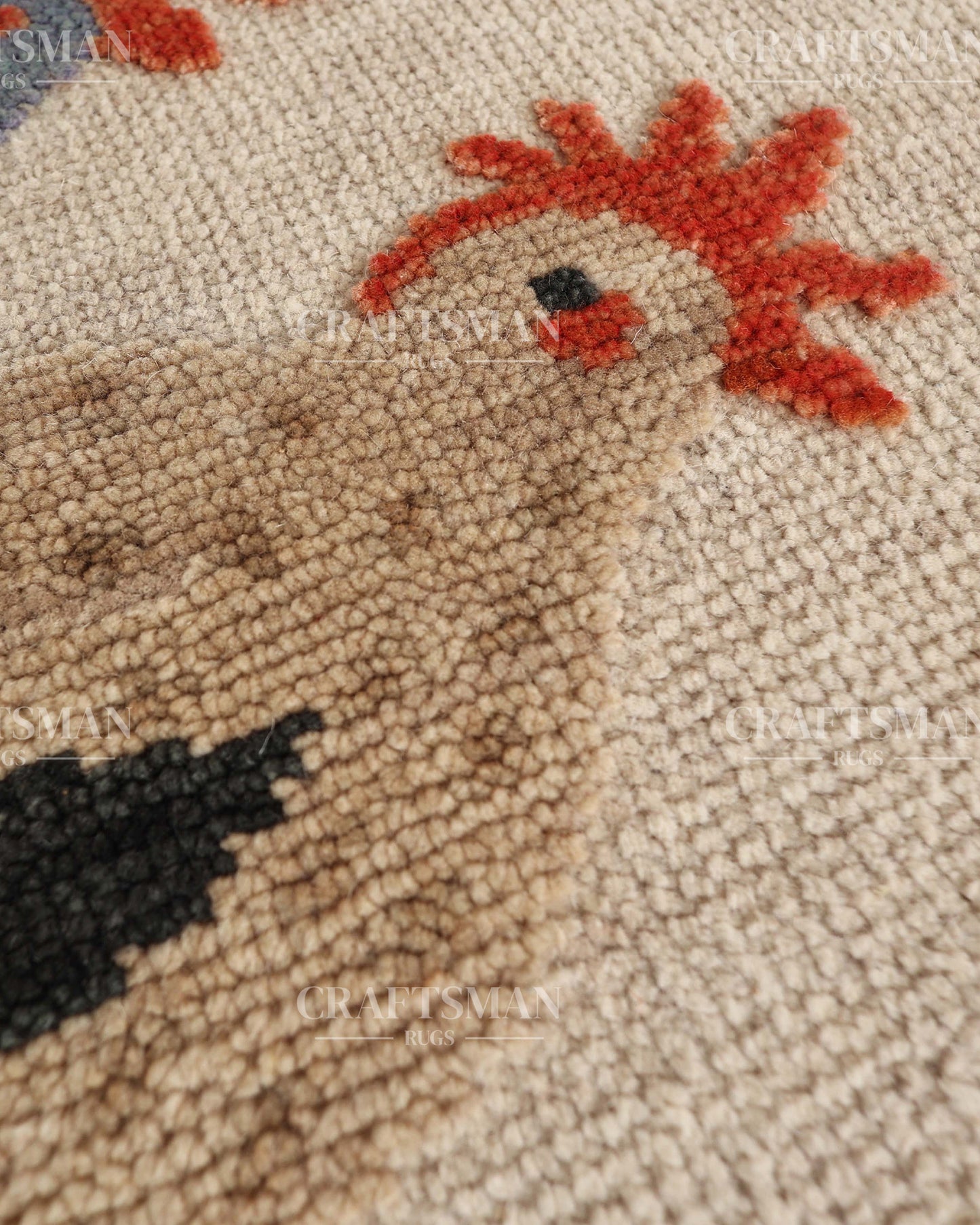 Hand Knotted Wool Chicken Pattern Rug Runner | Farmhouse Rustic Artisan Carpet with Geometric Border | Handmade Hallway Runner Rug