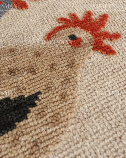 Hand Knotted Wool Chicken Pattern Rug Runner | Farmhouse Rustic Artisan Carpet with Geometric Border | Handmade Hallway Runner Rug