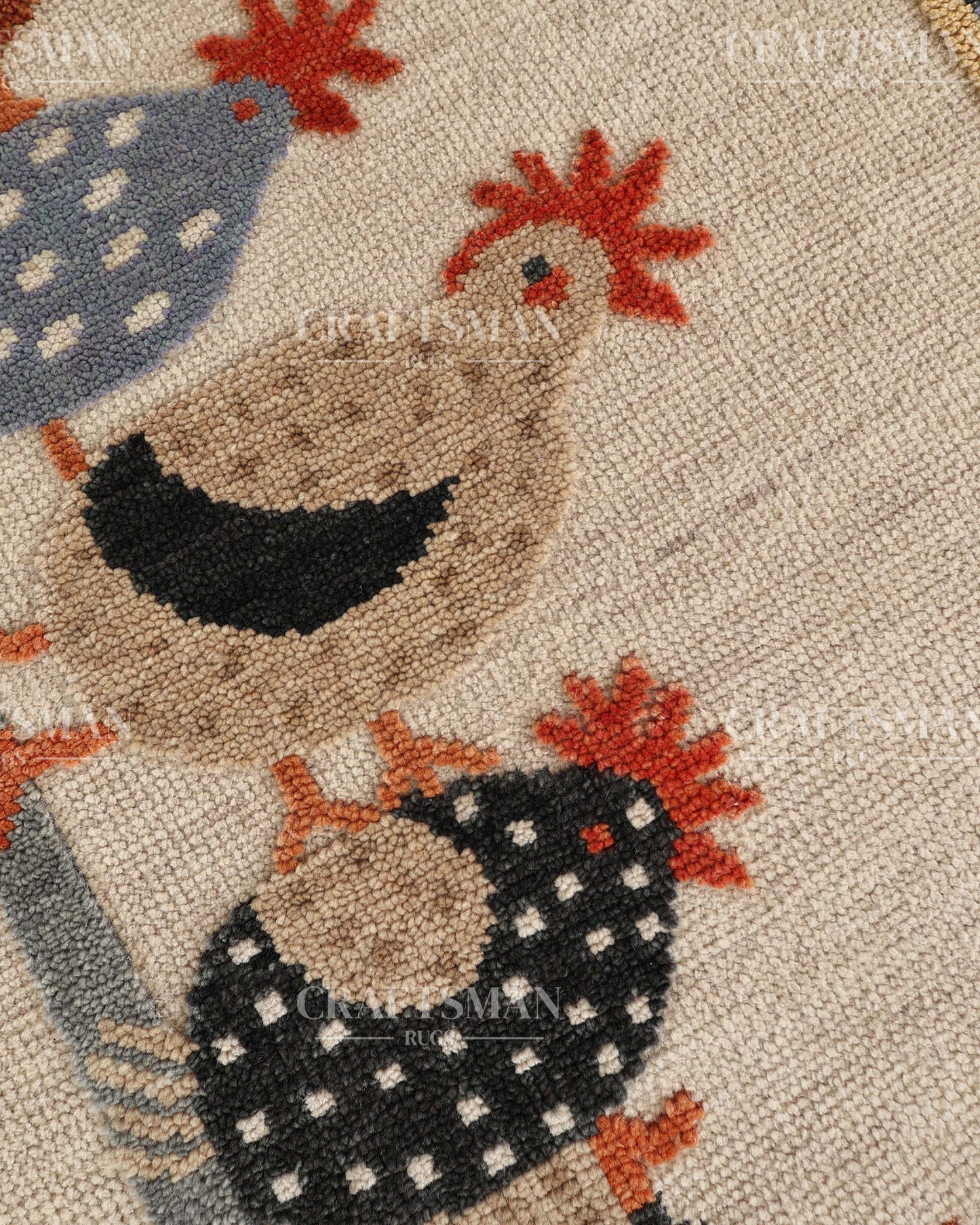 Hand Knotted Wool Chicken Pattern Rug Runner | Farmhouse Rustic Artisan Carpet with Geometric Border | Handmade Hallway Runner Rug