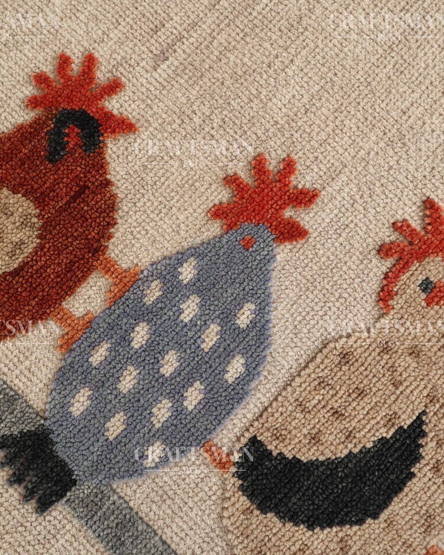 Hand Knotted Wool Chicken Pattern Rug Runner | Farmhouse Rustic Artisan Carpet with Geometric Border | Handmade Hallway Runner Rug