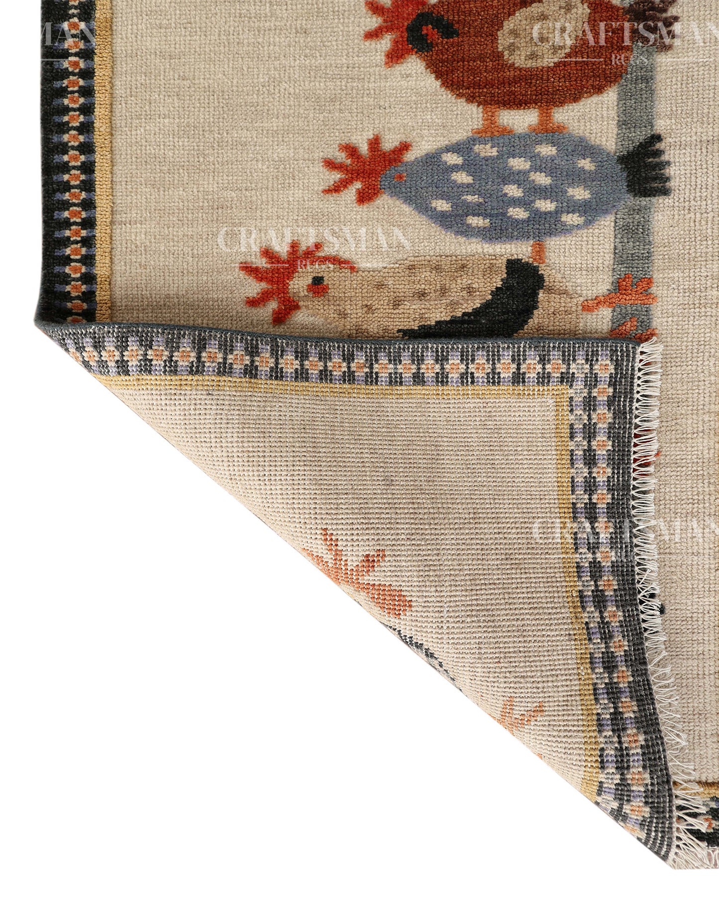 Hand Knotted Wool Chicken Pattern Rug Runner | Farmhouse Rustic Artisan Carpet with Geometric Border | Handmade Hallway Runner Rug