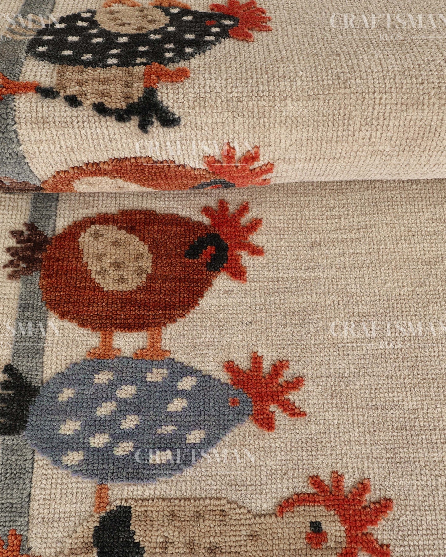 Hand Knotted Wool Chicken Pattern Rug Runner | Farmhouse Rustic Artisan Carpet with Geometric Border | Handmade Hallway Runner Rug