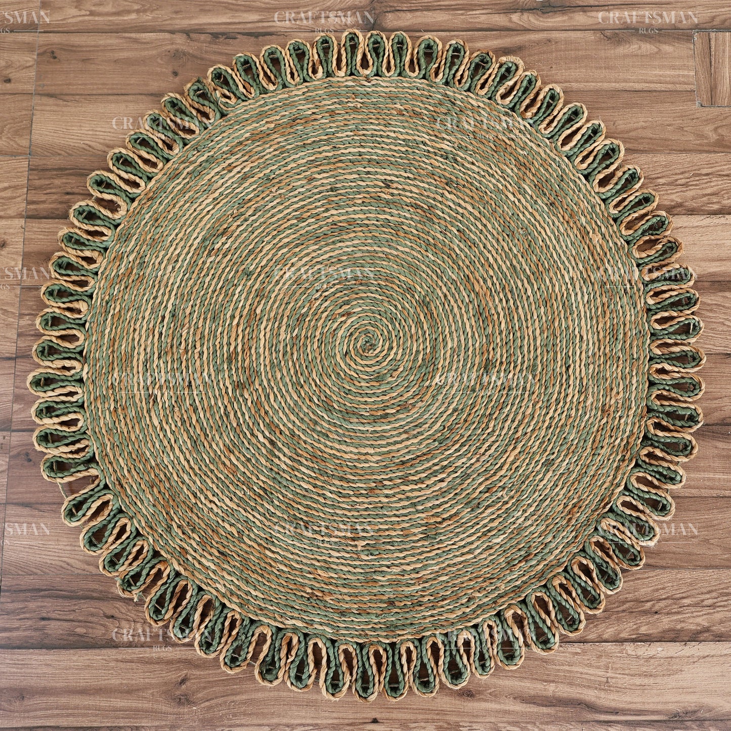 Verdara Round Jute Hand-Woven Natural Rug – Green Natural Braided Loop Border Boho Farmhouse Circle Area Carpet for Living Room Bedroom Entryway Patio Decor