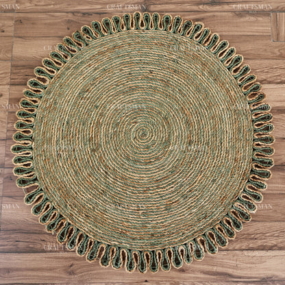 Verdara Round Jute Hand-Woven Natural Rug – Green Natural Braided Loop Border Boho Farmhouse Circle Area Carpet for Living Room Bedroom Entryway Patio Decor
