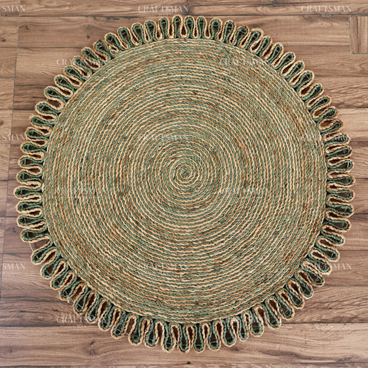 Verdara Round Jute Hand-Woven Natural Rug – Green Natural Braided Loop Border Boho Farmhouse Circle Area Carpet for Living Room Bedroom Entryway Patio Decor