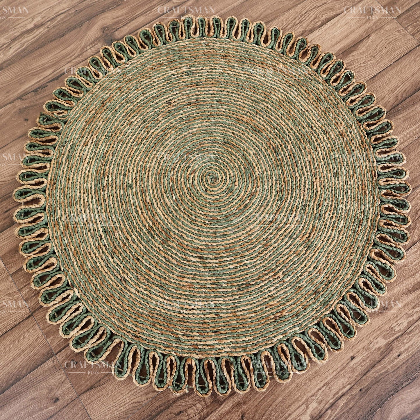 Verdara Round Jute Hand-Woven Natural Rug – Green Natural Braided Loop Border Boho Farmhouse Circle Area Carpet for Living Room Bedroom Entryway Patio Decor