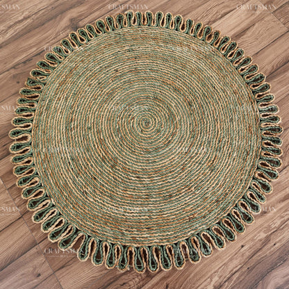 Verdara Round Jute Hand-Woven Natural Rug – Green Natural Braided Loop Border Boho Farmhouse Circle Area Carpet for Living Room Bedroom Entryway Patio Decor