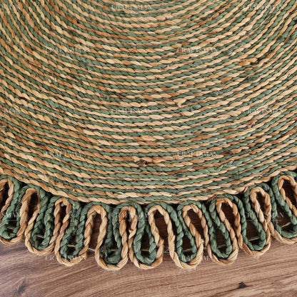 Verdara Round Jute Hand-Woven Natural Rug – Green Natural Braided Loop Border Boho Farmhouse Circle Area Carpet for Living Room Bedroom Entryway Patio Decor