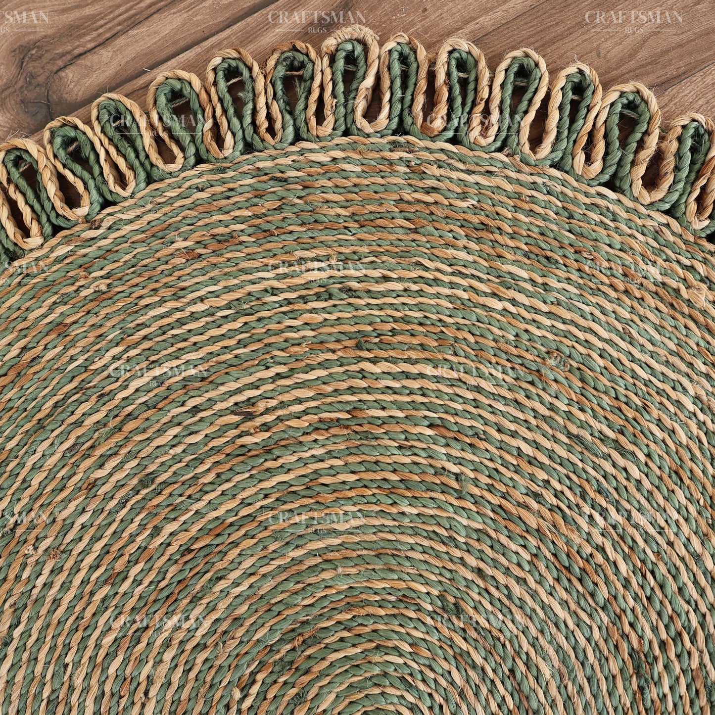 Verdara Round Jute Hand-Woven Natural Rug – Green Natural Braided Loop Border Boho Farmhouse Circle Area Carpet for Living Room Bedroom Entryway Patio Decor