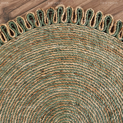 Verdara Round Jute Hand-Woven Natural Rug – Green Natural Braided Loop Border Boho Farmhouse Circle Area Carpet for Living Room Bedroom Entryway Patio Decor