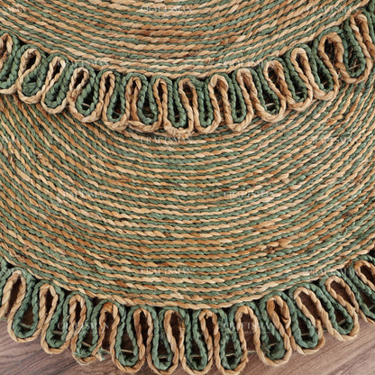 Verdara Round Jute Hand-Woven Natural Rug – Green Natural Braided Loop Border Boho Farmhouse Circle Area Carpet for Living Room Bedroom Entryway Patio Decor