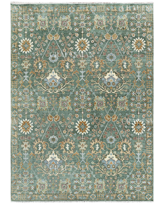 Vintage Sage Green Hand Knotted Wool Rug | Traditional Floral Oriental Area Rug for Living Room & Bedroom