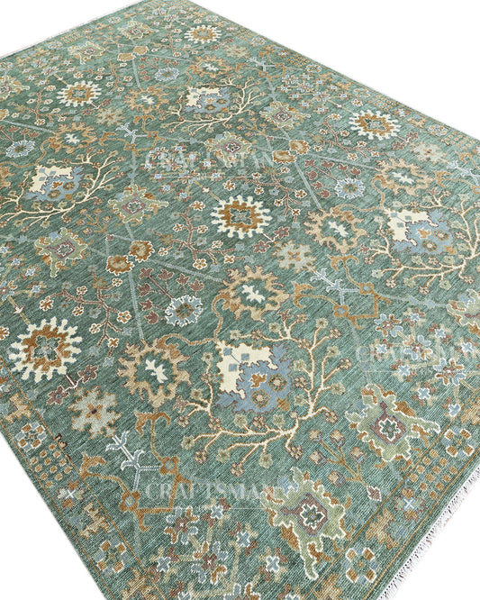 Vintage Sage Green Hand Knotted Wool Rug | Traditional Floral Oriental Area Rug for Living Room & Bedroom