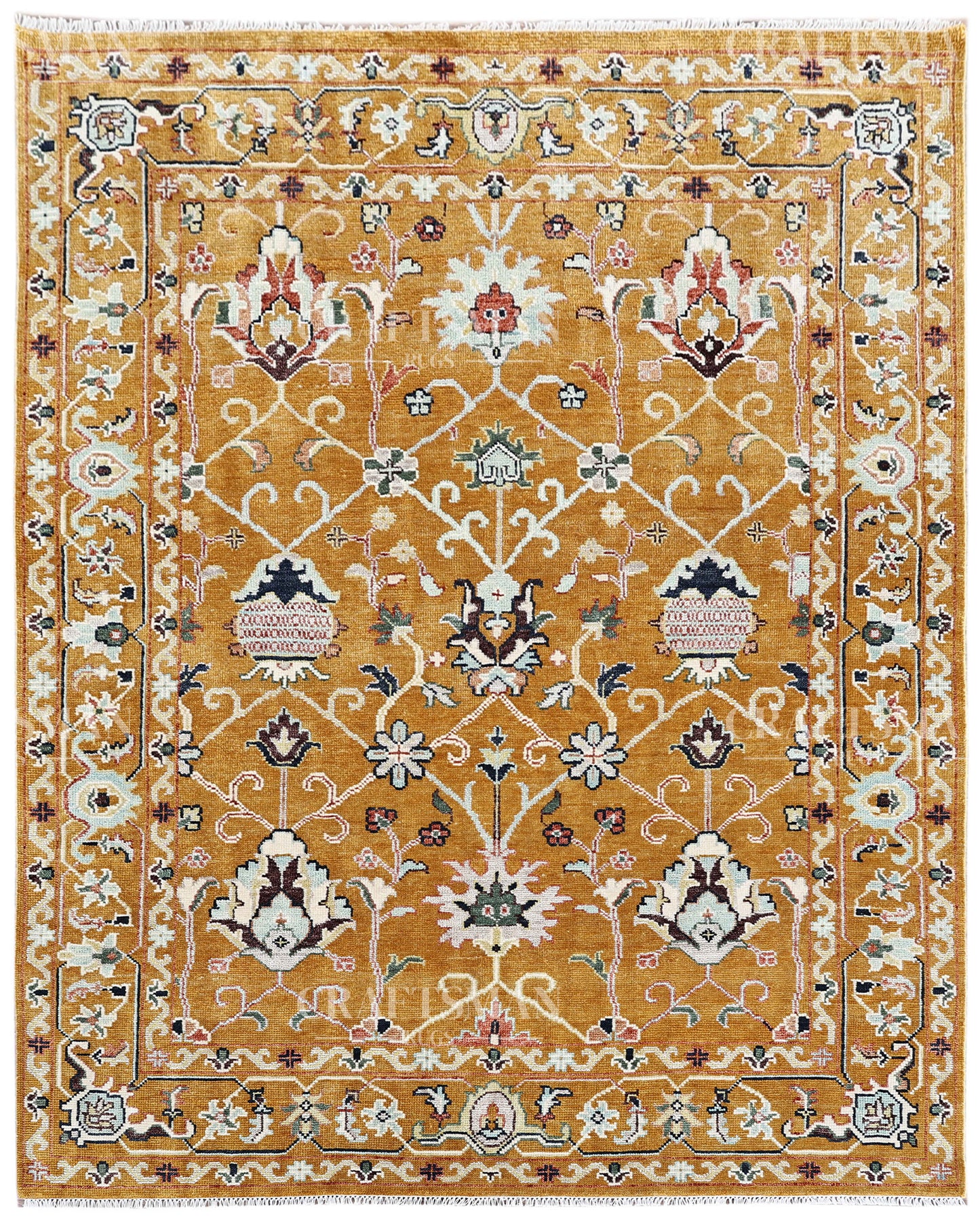 Mustard Gold Hand Knotted Wool Rug | Traditional Floral Oriental Area Rug | Luxury Handmade Persian Style Carpet