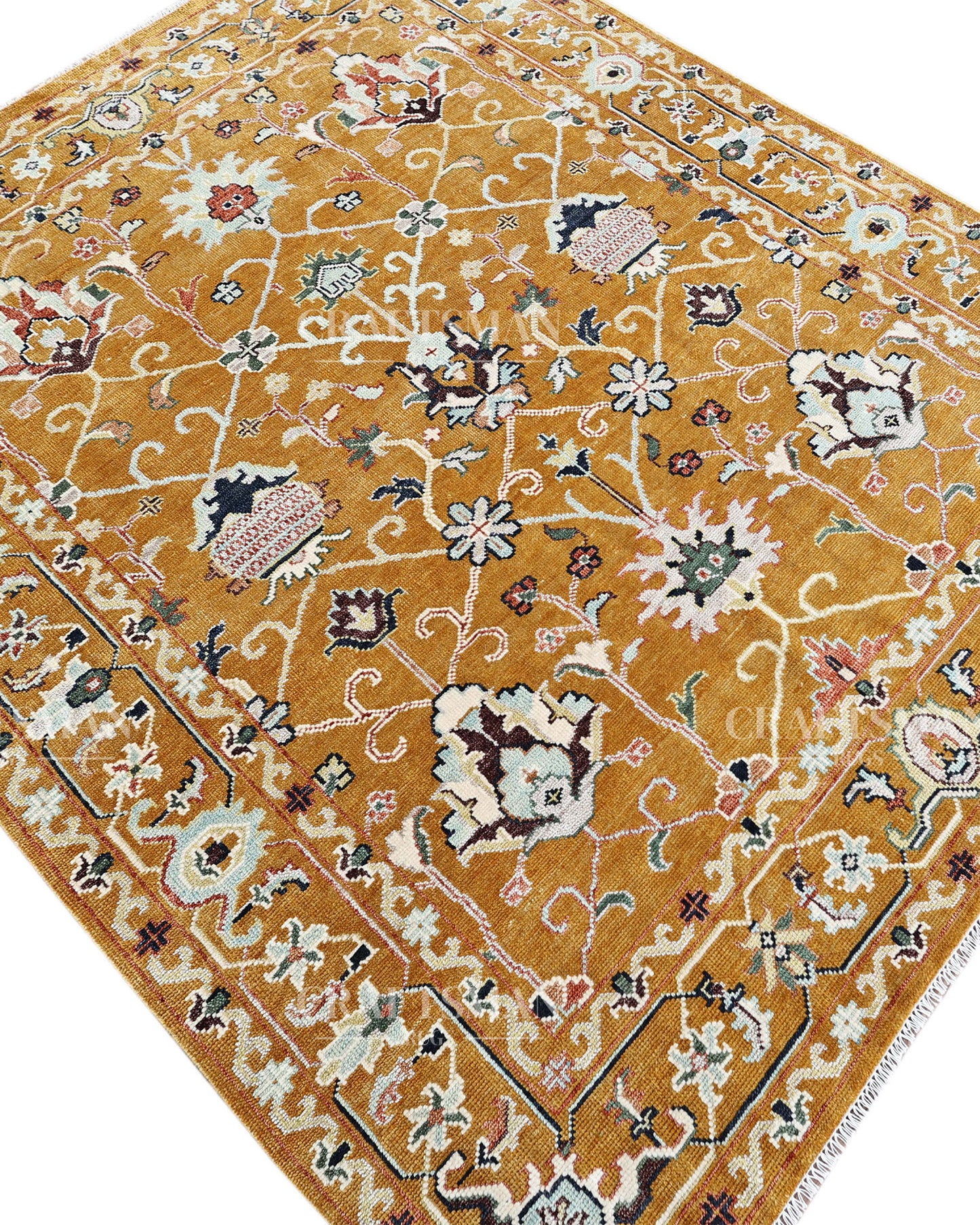 Mustard Gold Hand Knotted Wool Rug | Traditional Floral Oriental Area Rug | Luxury Handmade Persian Style Carpet