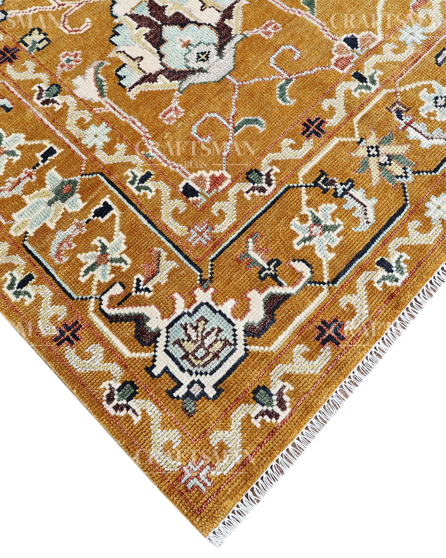 Mustard Gold Hand Knotted Wool Rug | Traditional Floral Oriental Area Rug | Luxury Handmade Persian Style Carpet