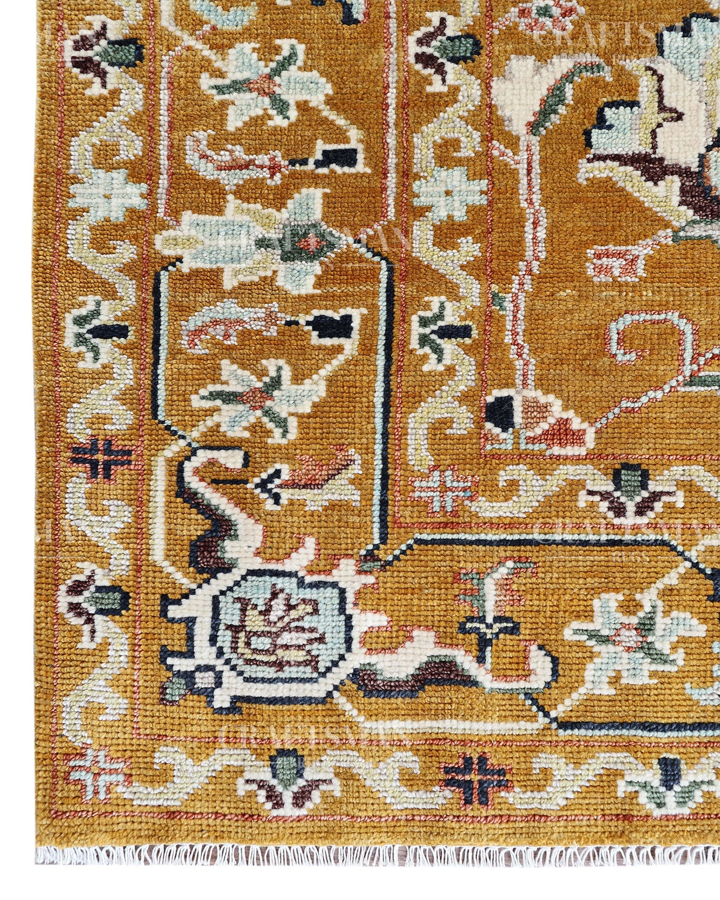 Mustard Gold Hand Knotted Wool Rug | Traditional Floral Oriental Area Rug | Luxury Handmade Persian Style Carpet