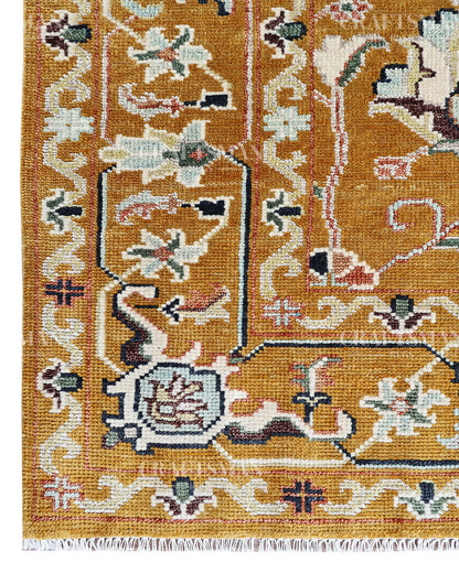 Mustard Gold Hand Knotted Wool Rug | Traditional Floral Oriental Area Rug | Luxury Handmade Persian Style Carpet