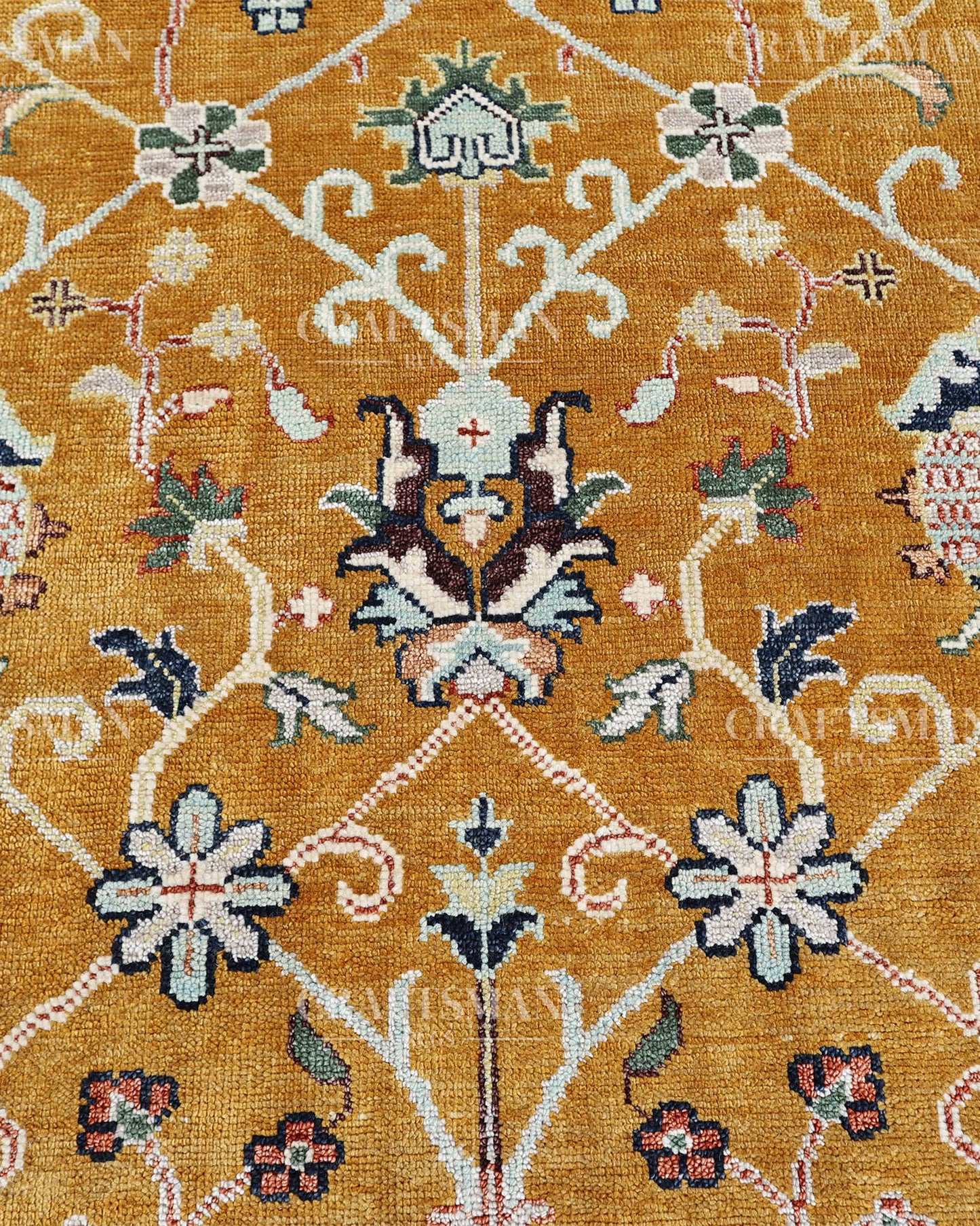 Mustard Gold Hand Knotted Wool Rug | Traditional Floral Oriental Area Rug | Luxury Handmade Persian Style Carpet
