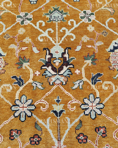 Mustard Gold Hand Knotted Wool Rug | Traditional Floral Oriental Area Rug | Luxury Handmade Persian Style Carpet