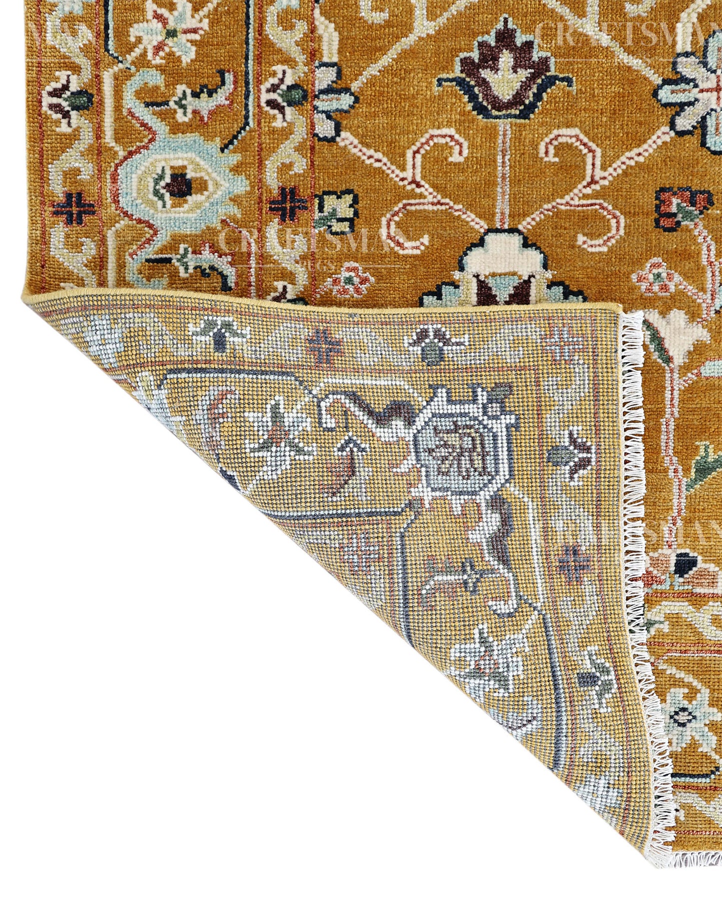 Mustard Gold Hand Knotted Wool Rug | Traditional Floral Oriental Area Rug | Luxury Handmade Persian Style Carpet