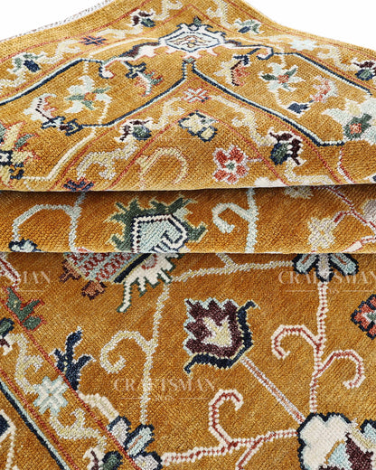Mustard Gold Hand Knotted Wool Rug | Traditional Floral Oriental Area Rug | Luxury Handmade Persian Style Carpet
